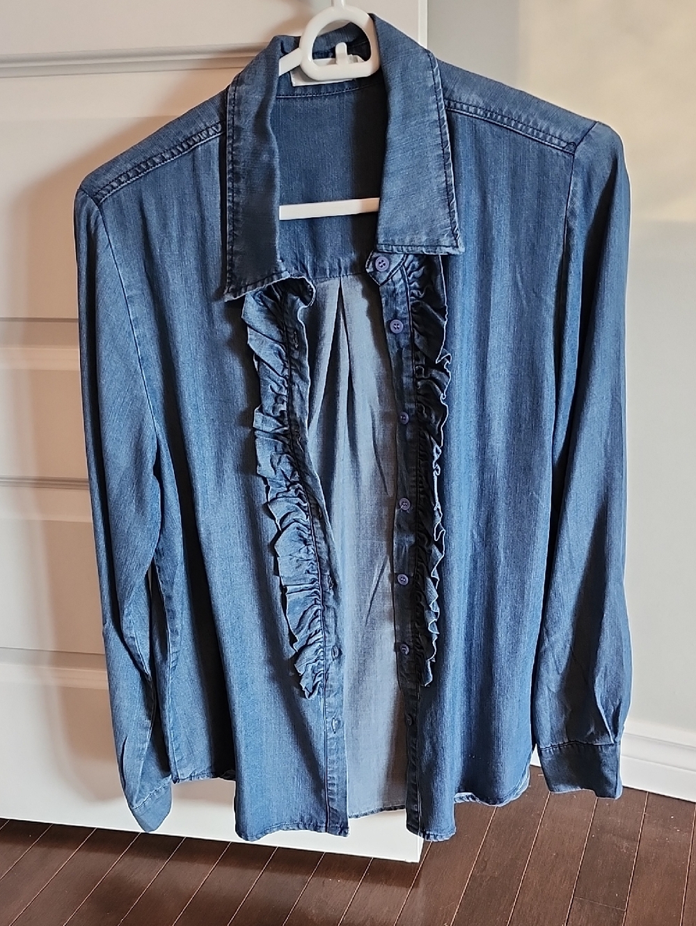 Denim Ruffle-Front Blouse - Blue